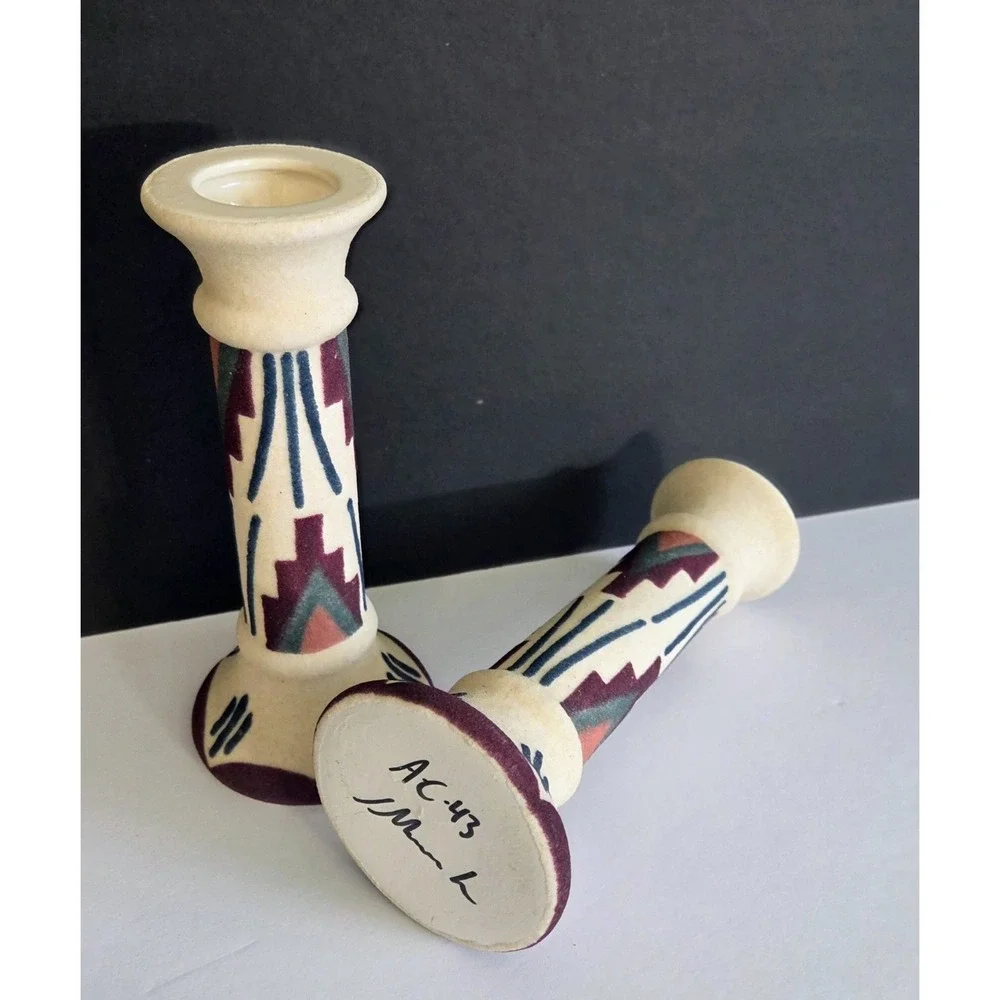 Southwestern‎ Geometric Tribal Sand Art Painted Candlestick Candle Holder Pair